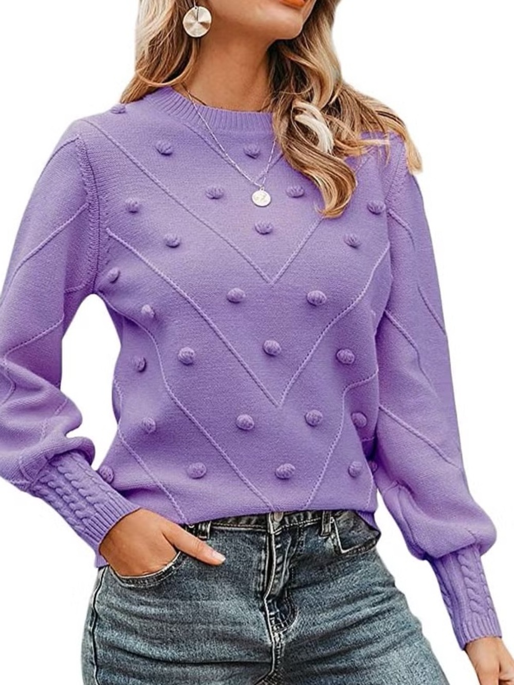 New Lilac purple Pom-Pom Knit Sweater size medium umgee Women's Crewneck